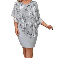 Plus Size Bodycon Dress for Women Summer Mother of The Bride Dress with Floral Chiffon Overlay Cape Formal Evening Party Cocktail Dress XL pilka