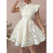 Retro lace stand-up collar small flying sleeve dress women's single-breasted waist elegant literary and retro S dramblio kaulas