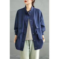 Artistic Mid-Length Casual Cargo Windbreaker with Stand Collar Large tamsiai mėlyna spalva