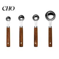 Kitchen Measuring Spoon Set 4Pcs Gold-Plated Stainless Steel Spoons & Cups Set, Precision Baking Tools with Metal Wood Handle, Nested Food Grade B sidabras
