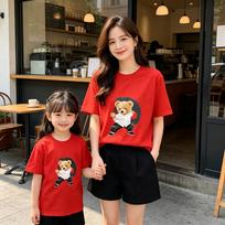 Summer Parent-Child Kung Fu Bear Print 100% Cotton Short-Sleeve T-Shirt – Comfortable, Breathable Round Neck Design 140 for 55-65 jin