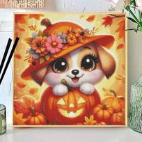 Halloween Pumpkin Dog Diamond Painting Full Diamond Cartoon Pet Flower Hat Fall Harvest Diamond Art Kit DIY Relaxation Craft Wall Decor Gift Round 20x20cm