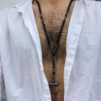 Natural Stone Frosted Black Onyx Pendant Necklaces with Hematite Cross Meditation Jewelry 24inches