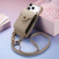 Crossbody Leather Purse Mirror Holder Phone Case for IPhone 16 15 Plus 14 13 12 11 Pro Max 17 Air 16e Wallet Cards Holder Cover iPhone 15 chaki