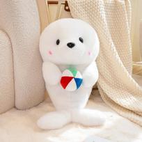 Cute Seal Plush Toy with Beach Ball Soft Fluffy White Seal Stuffed Doll Dolphin Walrus Sea Animal Plushie Birthday Gift Girl 25cm