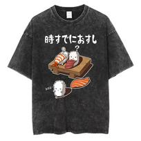 Vintage Washed Cotton TShirt Men Cute Sushi Graphic Tee Japanese Letter Acid Wash Retro Streetwear Harajuku Casual Top S