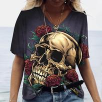 Funny 3D Skull Print Women's T-Shirt Hip Hop Trend Harajuku Streetwear Fashion V-neck Loose Short Sleeve Tees Summer Female Tops S