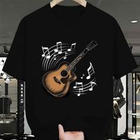 Men Crew Neck T-Shirt with Acoustic Guitar and Music Notes Print Short Sleeve Knit Polyester Tee Men Clothing S