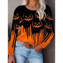 Women's Fashion Halloween Limited Edition, Pumpkin Print Gradient Long-Sleeve Top T-Shirt S