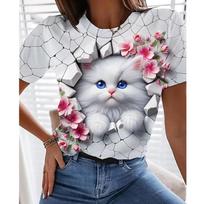 Moterų marškinėliai 3D spausdinimas Kawaii katės gėlių grafika Kasdieniai trumpomis rankovėmis marškinėliai Viršutiniai drabužiai Madingi vasariniai apvalios iškirptės marškinėliai mergaitėms 2XL gray