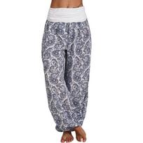 Moteriškos spausdintos plačios haremo kelnės laisvalaikio kuprinės „Hippy Yoga Boho“ didelio dydžio kelnės S balta