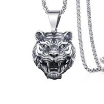 Hip Hop Ins Vyriška Mada Tigro Pakabukas Kinų Stiliaus Kinų Zodiako Tigro Galvos Karoliai Retro Pakabukas 50CM(Necklace Size) sidabras