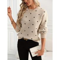 Women'S Red Polka Dot Crew Neck Sweater - Casual Long Sleeve Pullover with Ruffled Hem, Soft & Cozy Fall/Winter Top Polka Dot Sweater For Women XL chaki
