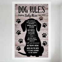 Humor Dog Rules Metal Tin Sign Rustic Wood Grain Background with Paw Prints and Silhouette for Home Bar Man Cave Decor 20x30cm（7.8x11.8inch）