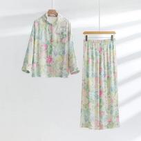 Floral Printed Pajamas for Women Autumn Cotton Vanilla Mint Long Sleeve Printed Pajamas Two-Piece Sleepwear Women Set S žalia