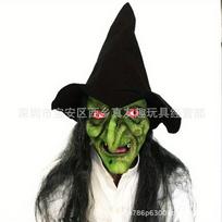 Halloween long-haired ghost face mask, scary witch mask, latex headgear with hat, party performance prop Black-hatted green-faced