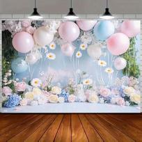 Romantic Pastel Balloon and Flower Backdrop Pink Blue Themed Background Banner for Girls 47.2x31.5inch/120*80cm
