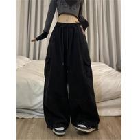 Y2K Fashion Drawstring Casual Baggy Cargo Jeans Pants Women Straight Wide Leg Sweatpants Trousers S juoda