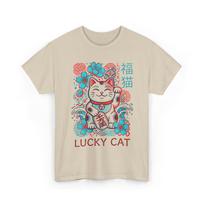 Maneki-neko T-Shirt, Japanese Lucky Cat, Retro Pop Art, Blue Red Cherry Blossom, Graphic, Streetwear, Cotton XL
