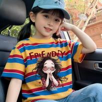 Dopamine Blue Striped Patchwork Cotton T-Shirt - Girls' Summer Short Sleeve Top 100cm [In Stock]