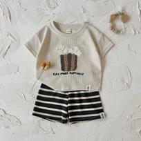 2026 Summer Korean Style Children's Popcorn Towel Embroidered Striped Two-Piece Set 90cm/18-24M pilka