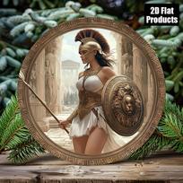 D Flat Greek Spartan Warrior Woman Round Tin Sign  Ancient Greek Goddess Athena Lion Shield Art Metal Wall Decor for Home Gam 20x20cm(8x8inch)