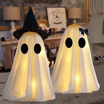 [Timer] Glowing Halloween Horror Ghost Decorations, 2-Piece Set DIY Indoor Home Fireplace Mantel and Table Decorations White (2 Sets) Pack of 2