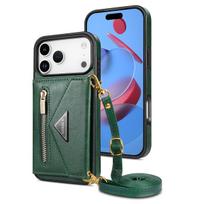 Lanyard Strap Crossbody Wallet with Card Holder Phone Case for iPhone 17 Air 16E 16 15 Plus 14 13 12 11 Pro Max XS Leather Cover iPhone17 žalia