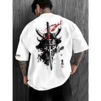 European Size Samurai Pattern Print T-Shirt,Breathable Fiber, Men'S Fashionable Clothing, Slightly Dropped Shoulder Round Neck T-Shirt S balta