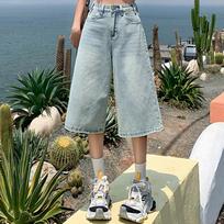 Female Summer American Vintage Baggy Denim Cropped Pants Woman High Waist Washed Wide Leg Jeans Light Blue Loose A Line Shorts XS