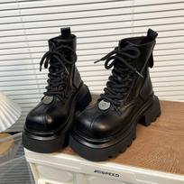 Madingi ir patogūs storo pado batai moterims, rudeniniai baikerių tipo aulinukai, metalinė plokštelė, retro darbo batai 35 juoda