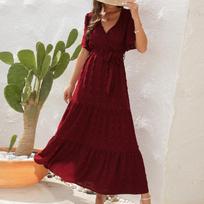 GMXIA Women's V-Neck High Waist Tie Dresses Hairball Long Short Sleeve Dresses Holiday Travel Dresses S tamsiai raudona spalva