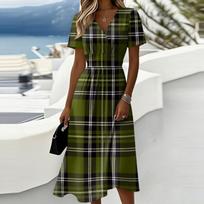 Ladies' Plaid Casual Fashionable Short Sleeved V-neck Dress L armijos žalia spalva