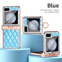 Galvanizuotas žiedas Odinis telefono dėklas, skirtas Samsung Galaxy Z Flip 7 6 5 4 3 Flip6 Flip5 Flip4 Flip3 5G Atsparus smūgiams Laikiklis Dangtelis Galaxy Z Flip7 mėlyna