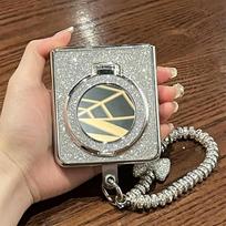 Glitter Mirror Ring Stand Flip Phone Case For Samsung z flip 6 zflip5 Xiaomi Mix Flip/Honor MagicVFlip2 Clear PC Cover With Silver Sparkle Cardboard For Samsung Galaxy ZFlip6