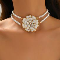 Vintage Camellia Pearl Choker Double Layer Imitation Pearl Flower Pendant Elegant Bridal Wedding Jewelry Necklace for Women WHITE&34cm