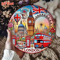 D Flat Londono Orientyro Sienos Menas Apvalus Aliuminio Metalo Ženklas su Big Benu, Londono Akimi, Raudonais Autobusais Gėlių Raštas Atsparus Vandeniui 20x20cm(8x8inch)