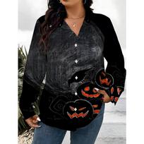 Women'S Long Sleeve Shirt, Halloween Style Printed Blouse, Pumpkin Lantern Element Shirt, Dark Style Casual Shirt Spring Autumn S