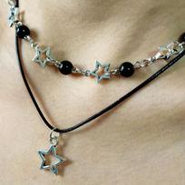 Double Layered Black Bead Star Choker Necklace Punk Pentagram Leather Rope Necklaces For Women Girls
