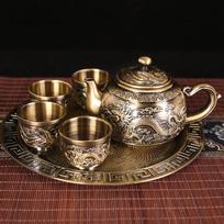 Chinese Metal Tea Set Dragon Phoenix Kung Fu Sets with Tray Cup of 6 Teacup Teapot Making Utensils Teaware bronza
