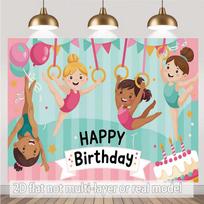 2D Cartoon Gymnast Birthday Backdrop, Pink Teal Gymnastics Background for Girls Birthday Celebration 47.2x31.5inch/120*80cm