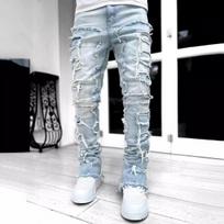 New Men's Denim Straight Leg Jeans Street Fashion Ins Colorful Stretch Patch Denim Straight Leg Jeans S