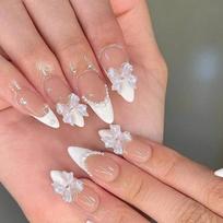24Pcs Long Almond Press On Nails, Nude with White French Tips & 3D Pearl Bow Fake Nails United States