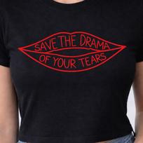 Save The Drama Lips Graphic Baby Tee – Bold Red Outline Statement Crop Top L