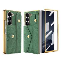 Compatible with Z Fold 7/6/5/4 Case With Card Slot, Wrist Strap and Stand, Faux Leather wallet fold7 case With Screen Glass Film Galaxy Z Fold7 žalia