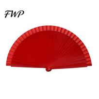 Wood Folding Fan Wooden Solid Color Chinese Japanese Style Hand Portable Wedding Dance Party Decorative Handheld raudona