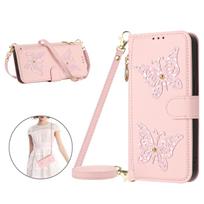 Glitter Butterfly Flip Leather Phone Case for Google Pixel 11 10 Pro XL 9 Pro 10A With Crossbody Long Strap Cards Solt Cover Google Pixel 11 rožinė