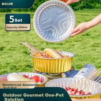 BJ Aluminum Foil Pot Disposable Hot Pot Takeout Packaging Box Round Outdoor BBQ Heatable 2500ml 5 Pieces