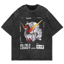Retro Gundam Washed TShirt Men Pink Red Graphic Tee 100 Cotton Japanese Calligraphy Print Oversized Y2k Mecha Streetwear Top 2XL
