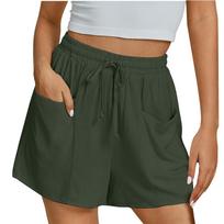 Women's Shorts Casual Summer Color Drawstring Beach Loose Pockets Shorts L armijos žalia spalva